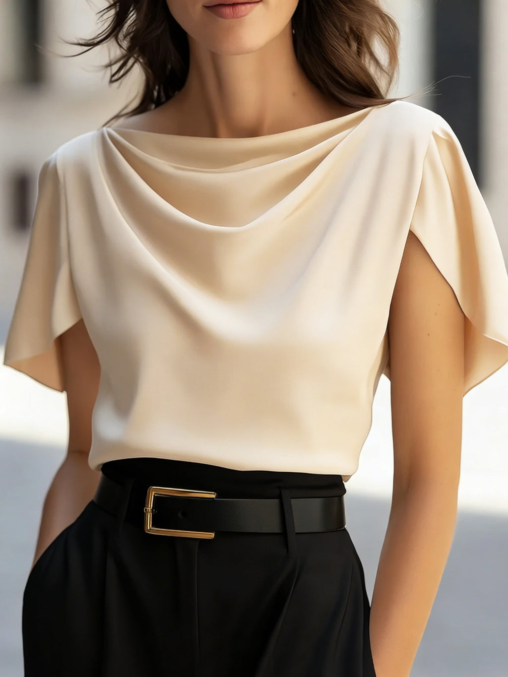Womens Elegant Draped Top with Short Sleeves