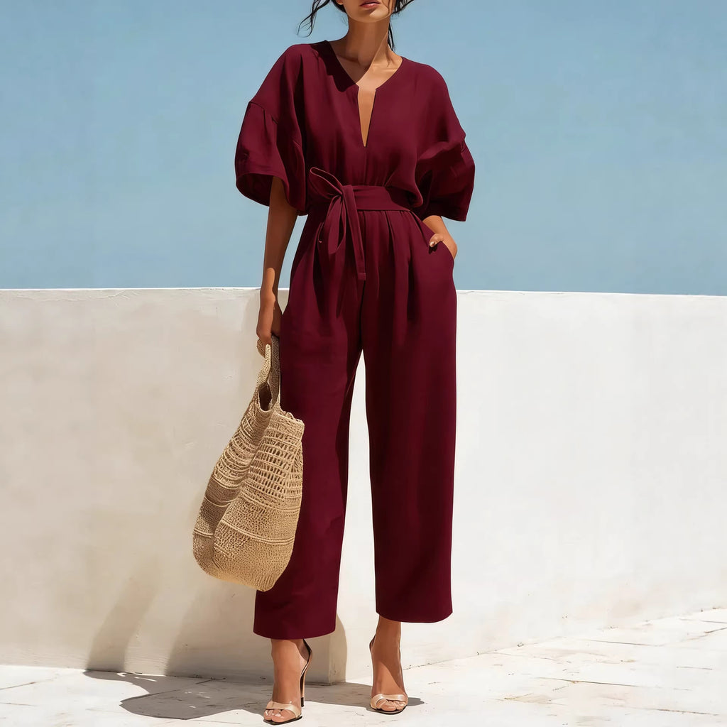 Women's V-Neck Solid Color Jumpsuit