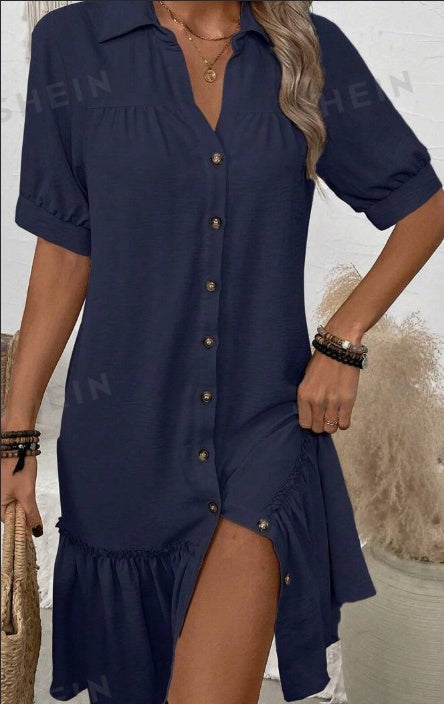 Women's Button Up Ruffle Hem Dress - Summer & Formal Dresses