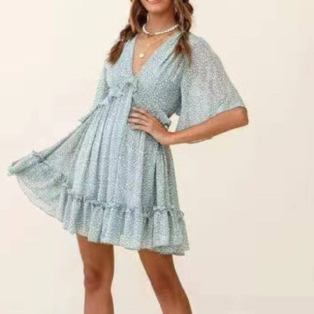 Womens Bohemian Mini Dress with V Neck and Ruffle Details