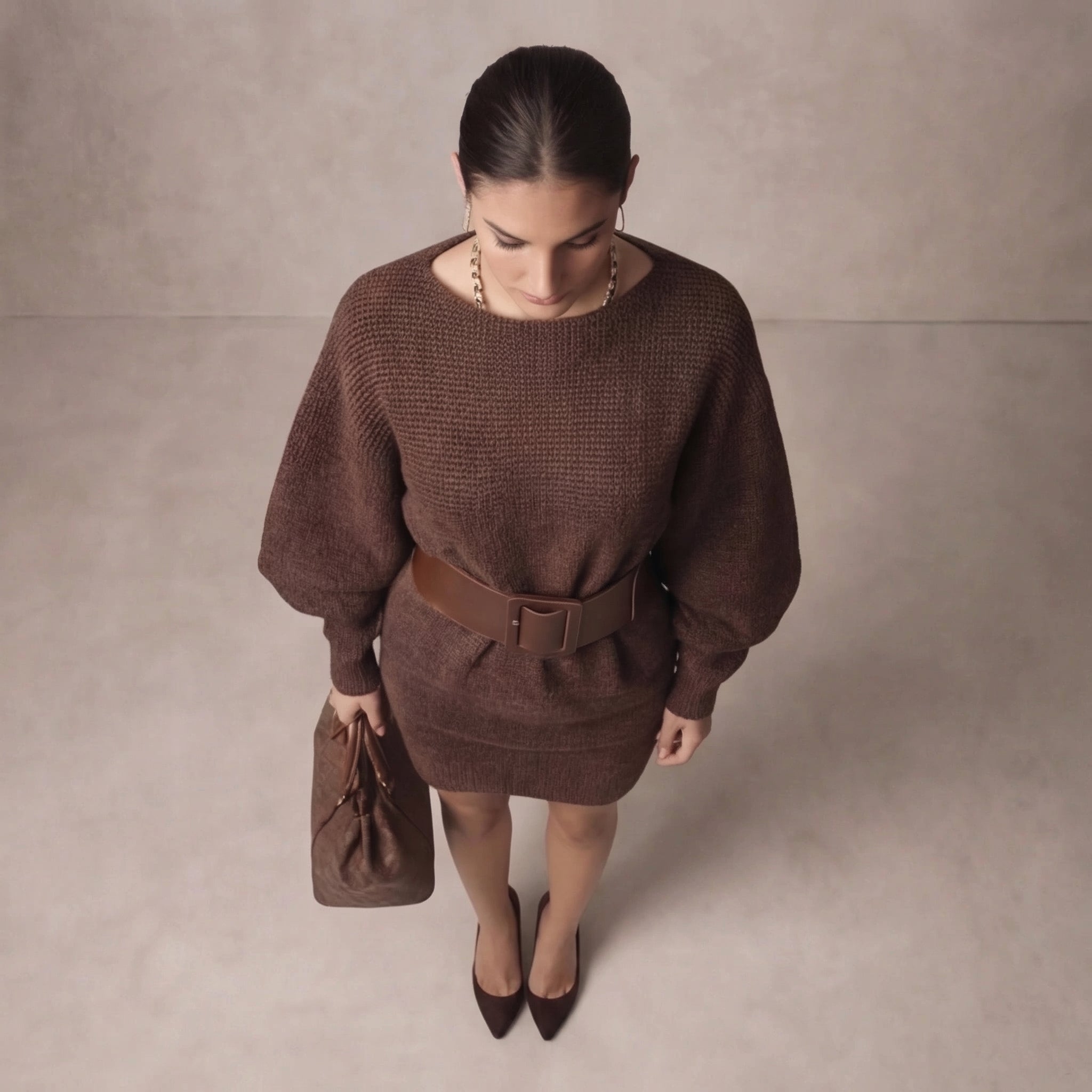Womens Elegant Knit Mini Dress with Belted Waist