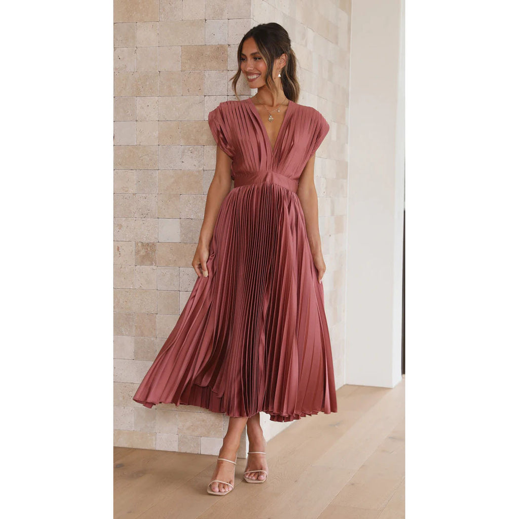Women's V-Neck Pleated Summer Maxi Dress
