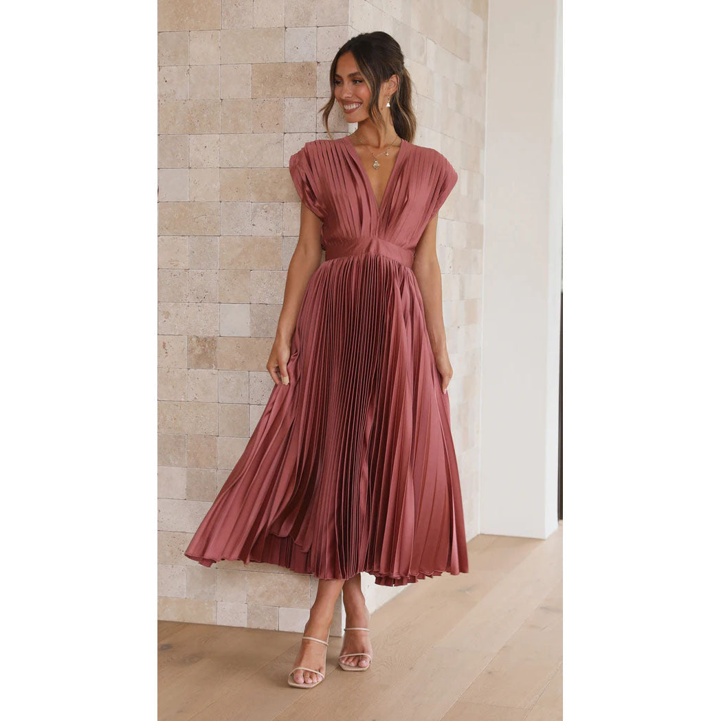 Women's V-Neck Pleated Summer Maxi Dress