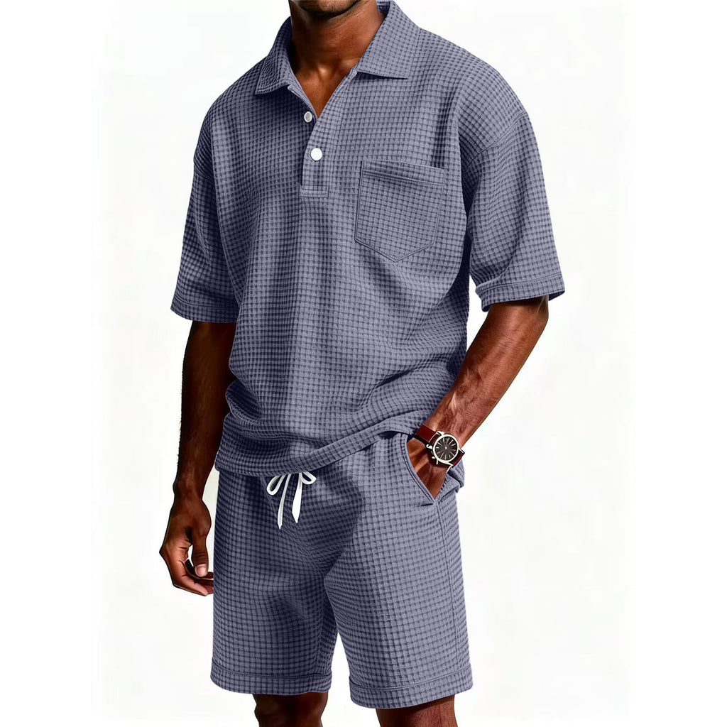 Mens Casual Two Piece Summer Set with Polo Shirt and Shorts