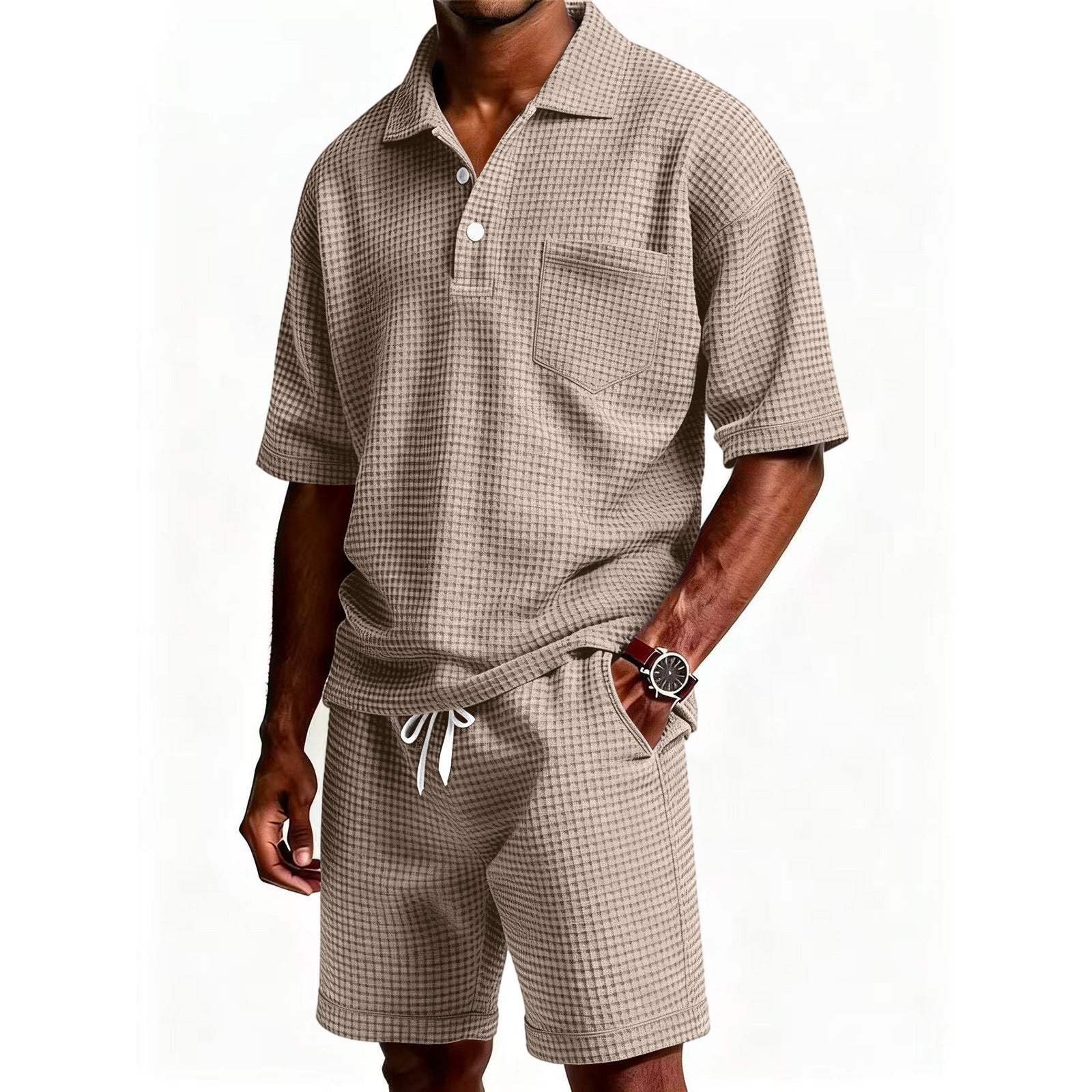 Mens Casual Two Piece Summer Set with Polo Shirt and Shorts