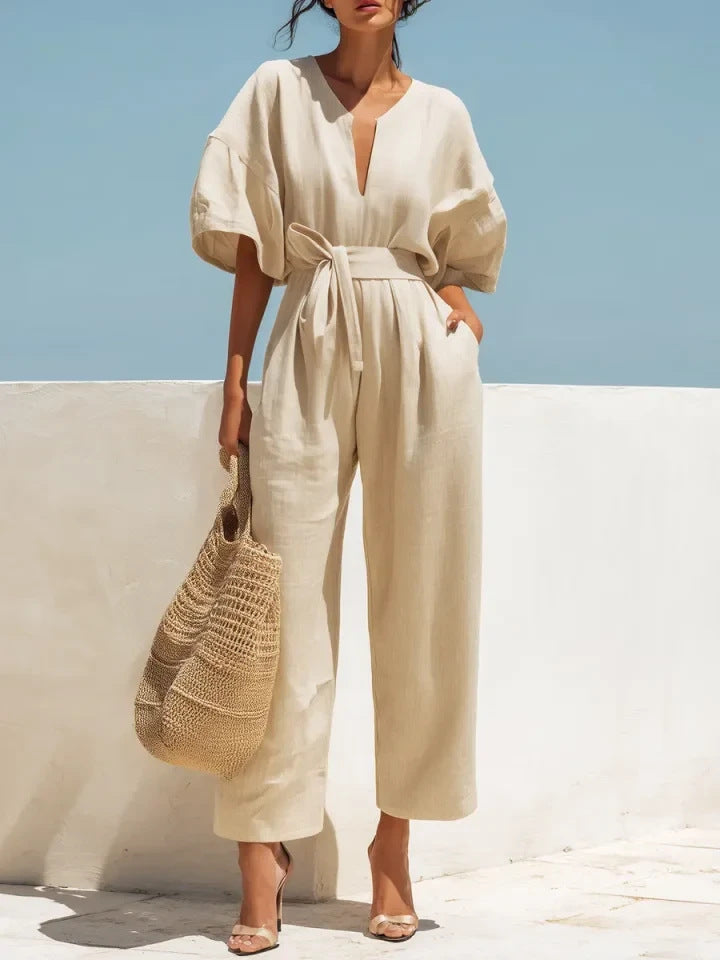 Women's V-Neck Solid Color Jumpsuit