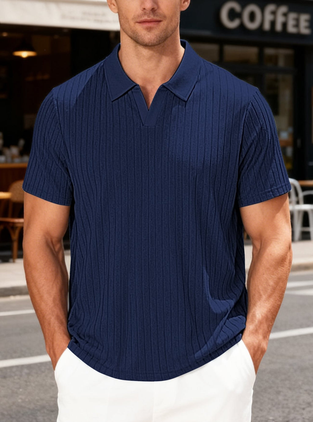 Men's Striped Short-Sleeve Shirt with Towel-Weave Texture