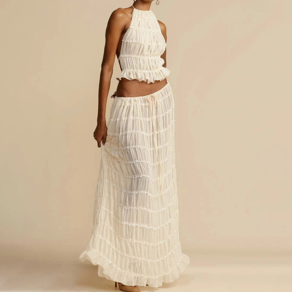 Women's Sleeveless Halter Maxi Dress with Pleated Long Skirt