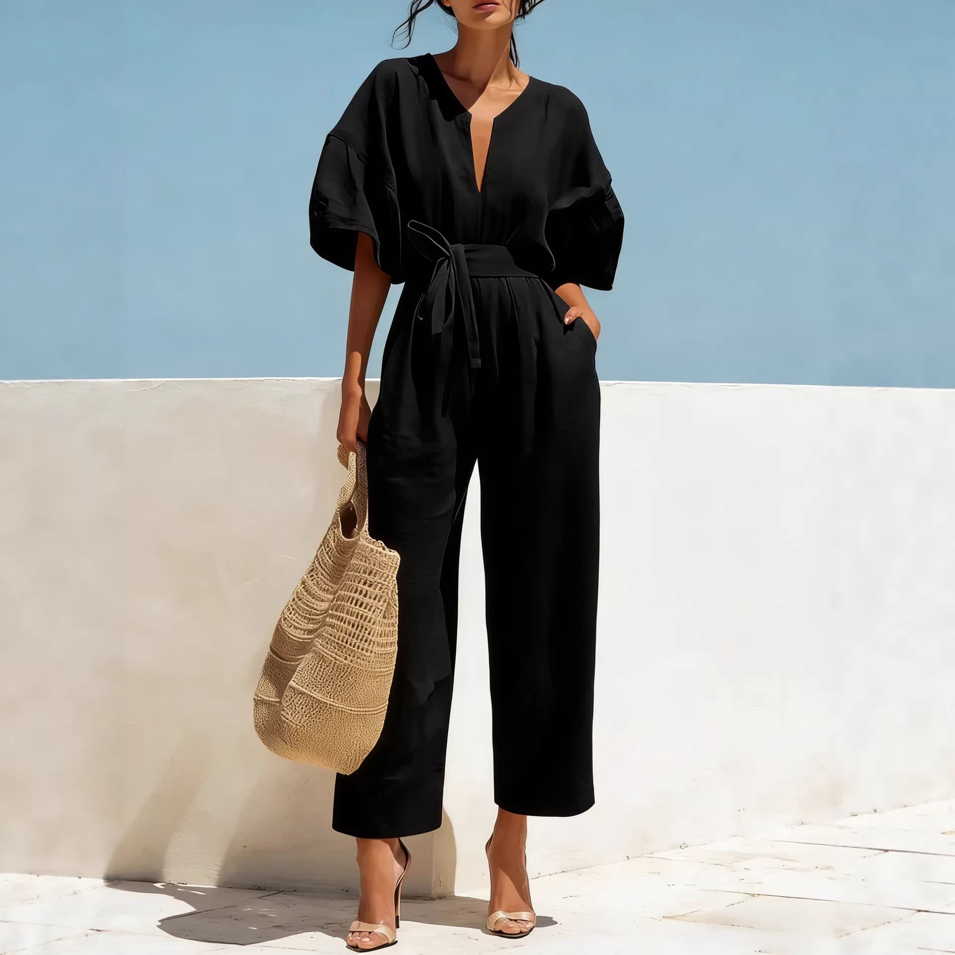 Women's V-Neck Solid Color Jumpsuit