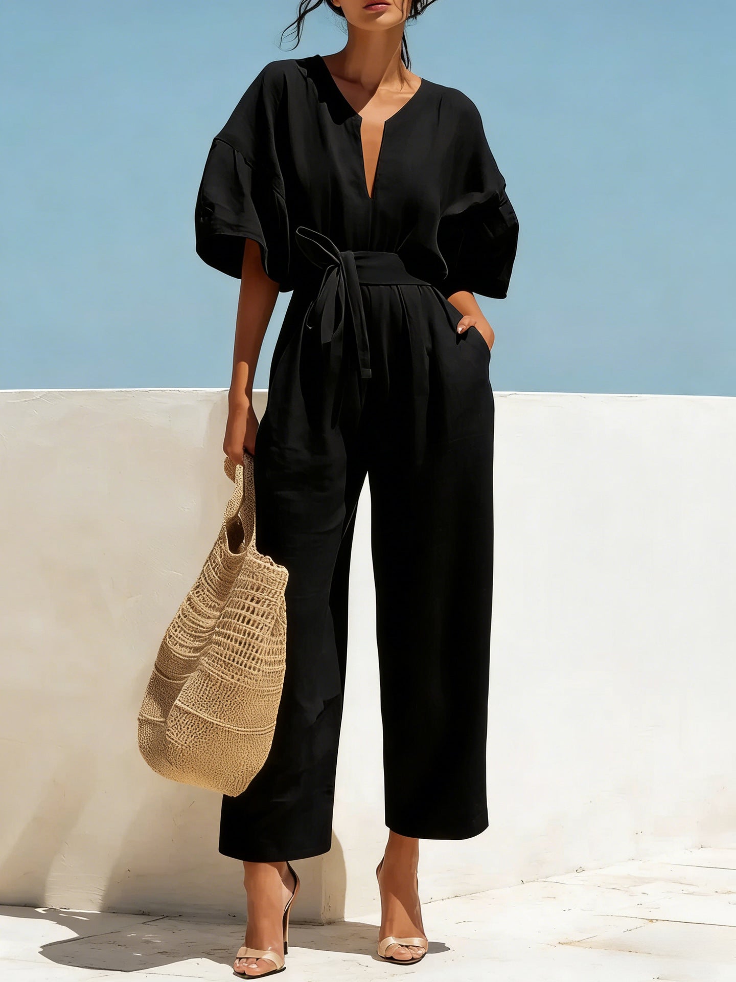 Women's V-Neck Solid Color Jumpsuit