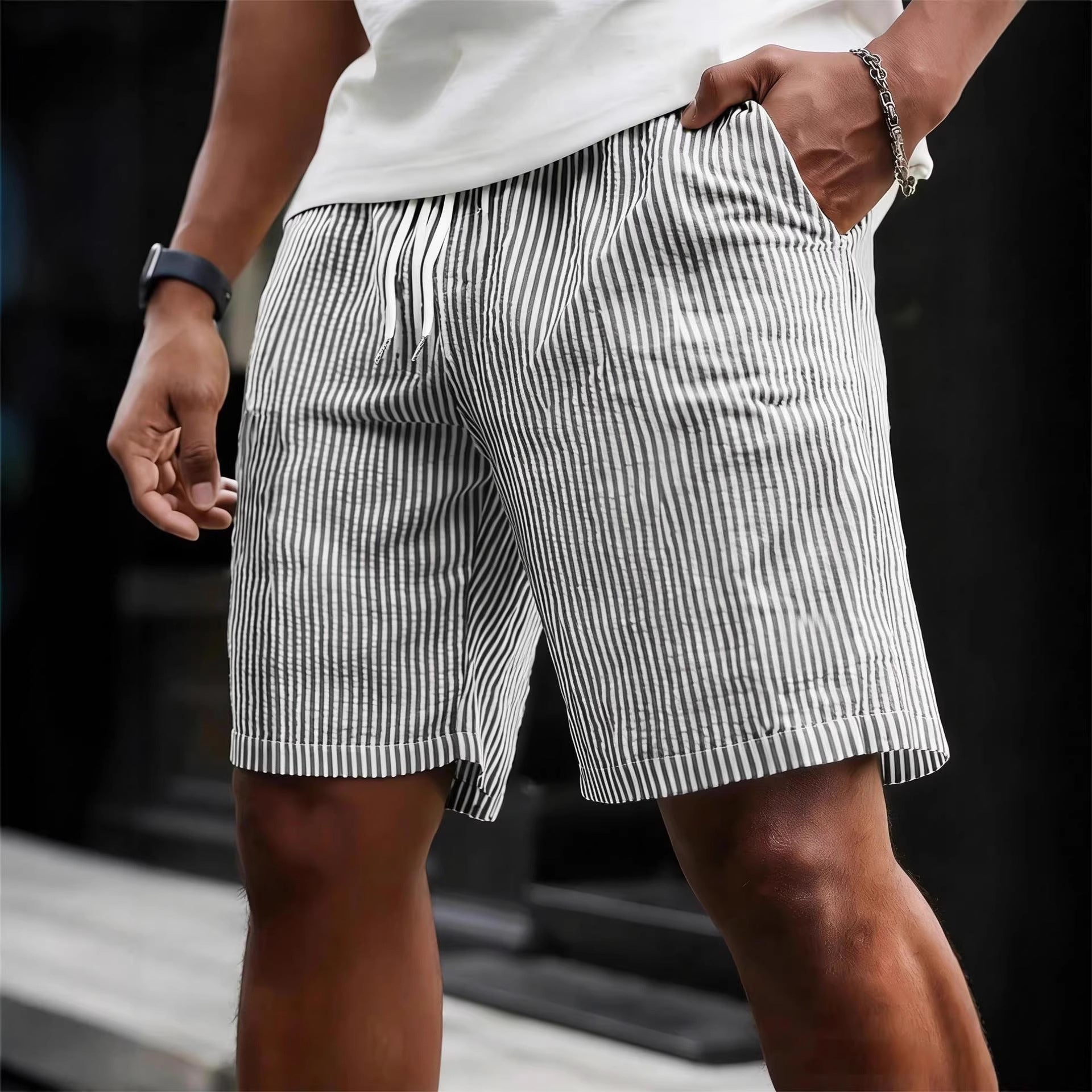 Mens Casual Striped Shorts with Drawstring Waist