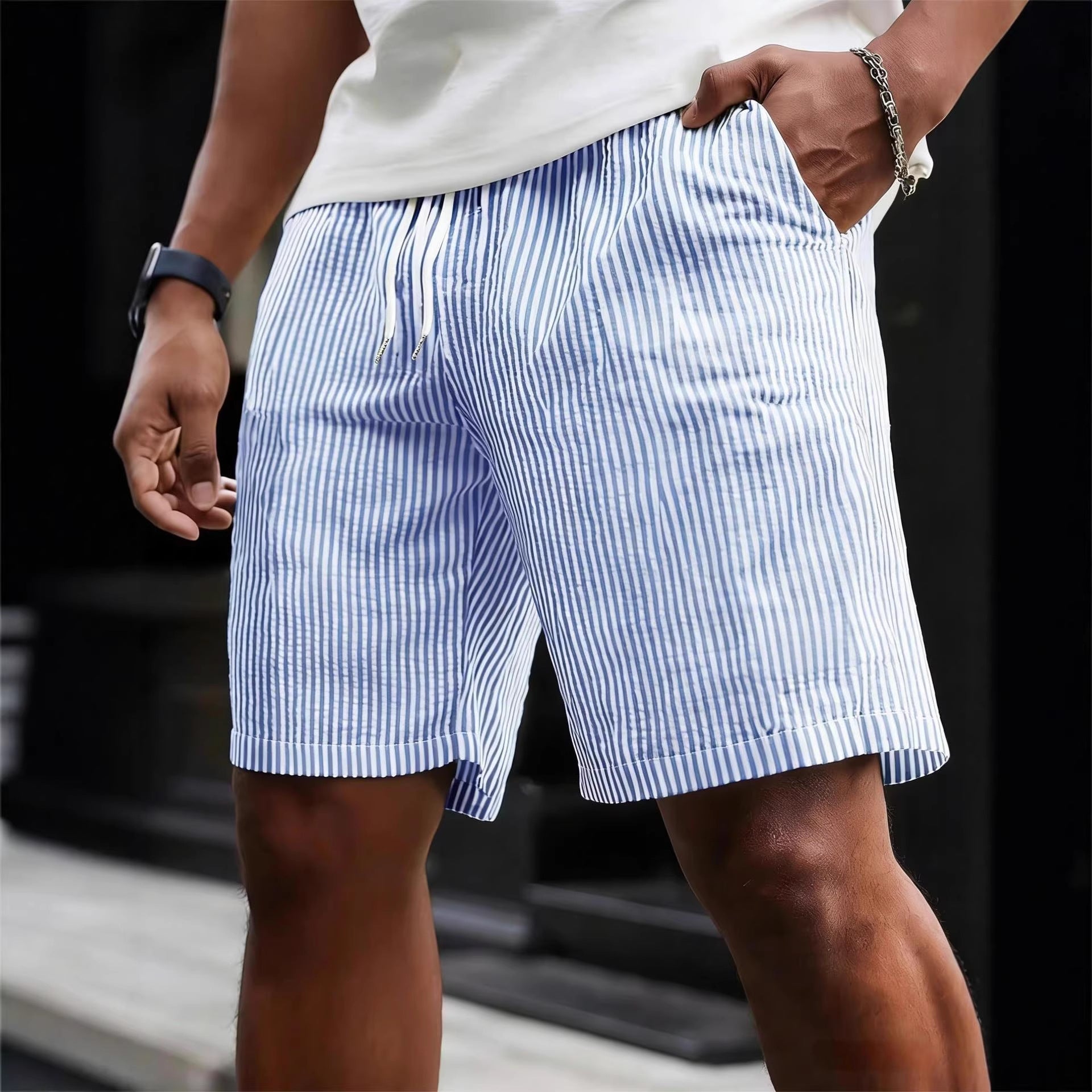 Mens Casual Striped Shorts with Drawstring Waist