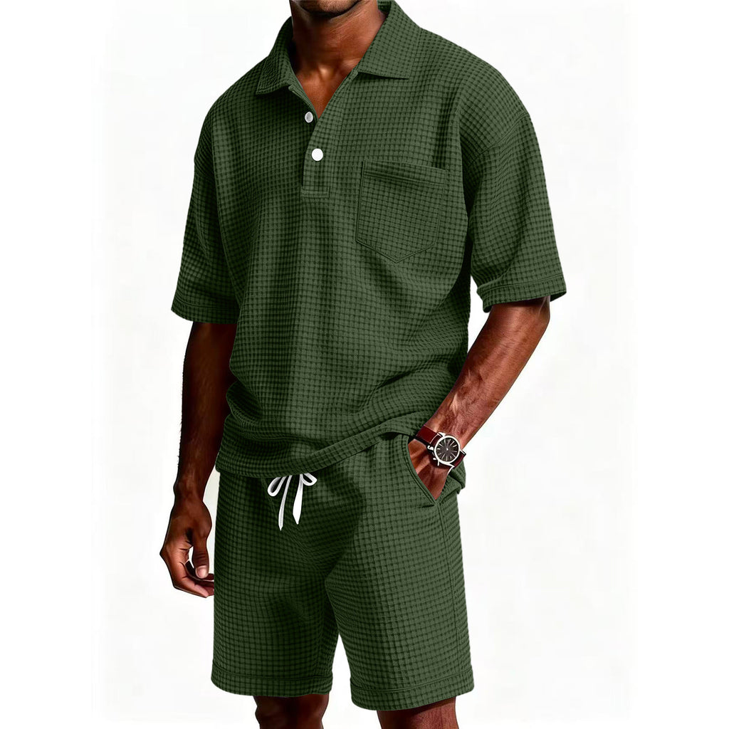 Mens Casual Two Piece Summer Set with Polo Shirt and Shorts