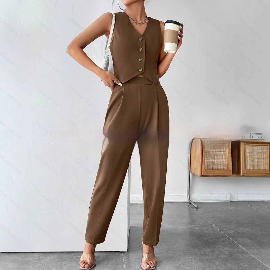 Womens Elegant Two Piece Set with Sleeveless Top and Trousers