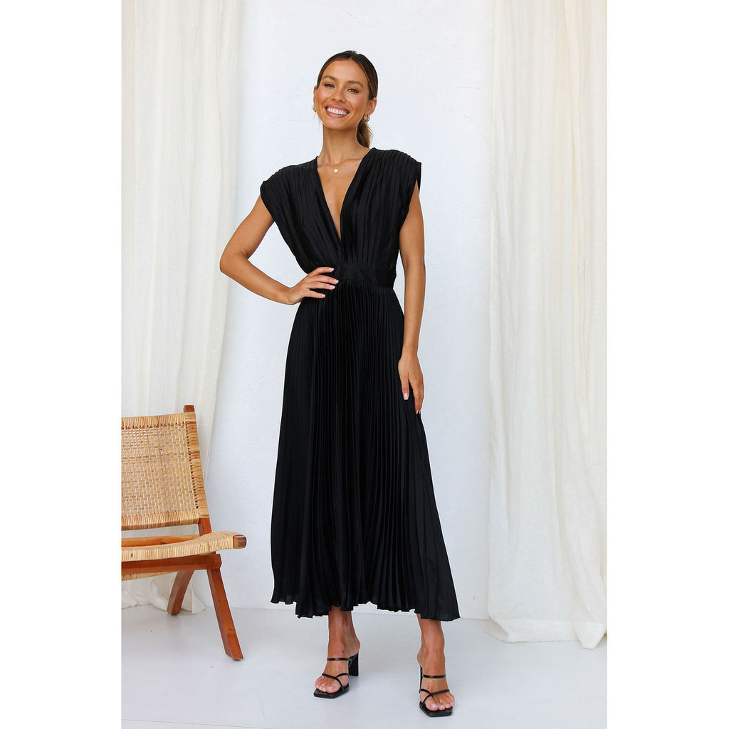 Women's V-Neck Pleated Summer Maxi Dress