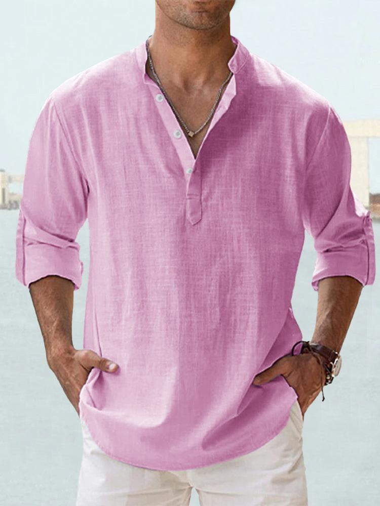 Men's Casual Long Sleeve Blouse with Stand Collar