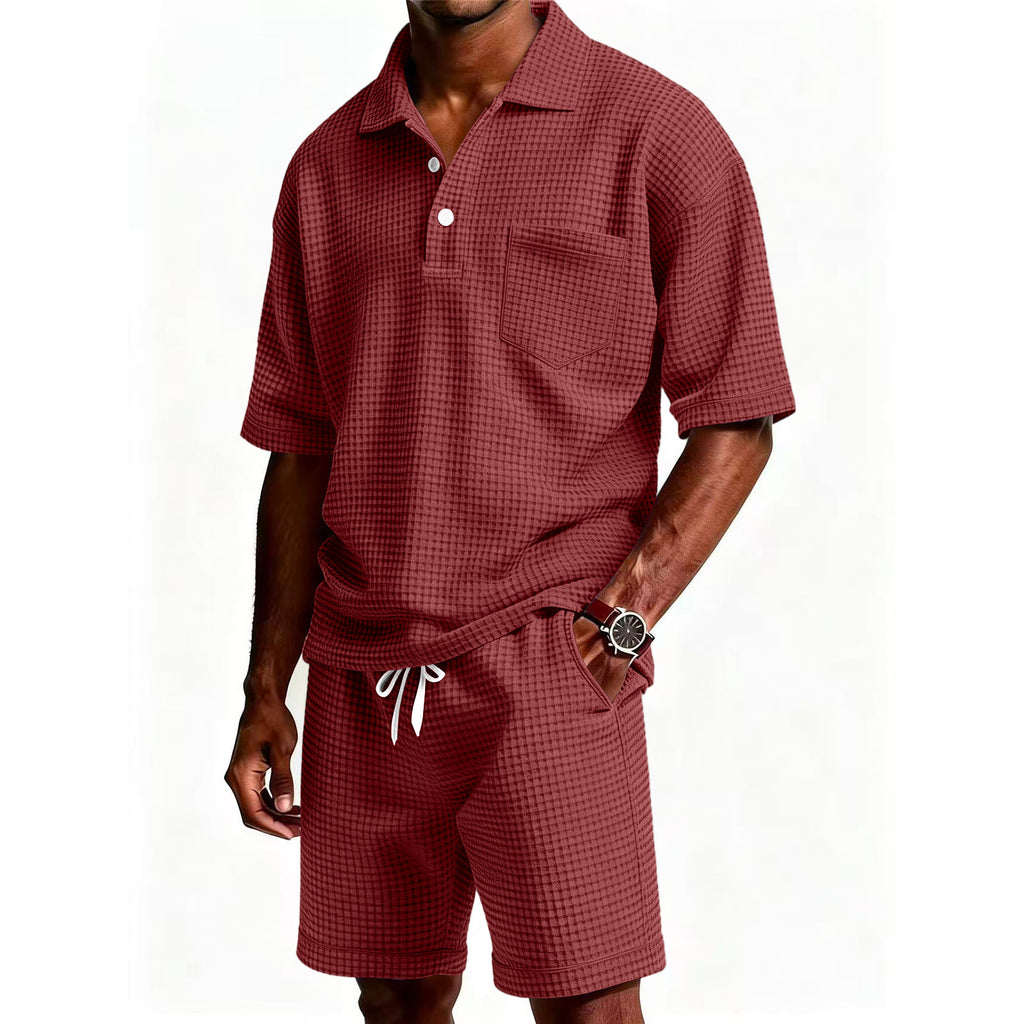 Mens Casual Two Piece Summer Set with Polo Shirt and Shorts