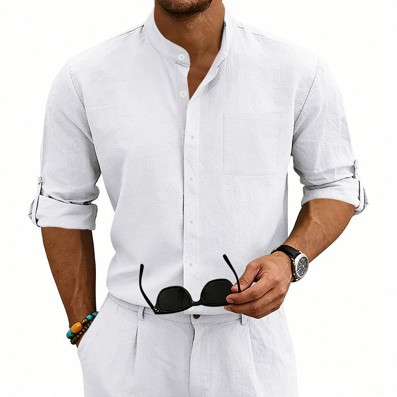 Men's Linen Stand-Up Collar Shirt