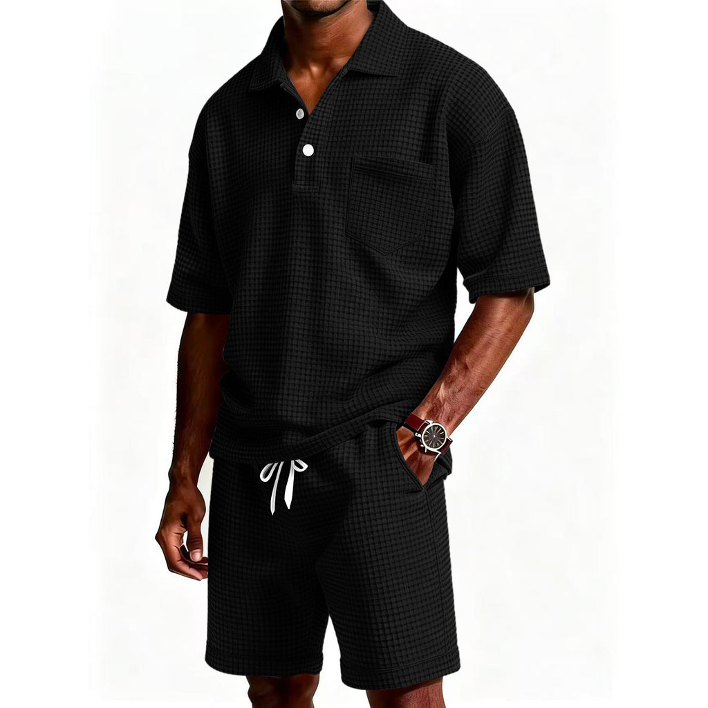 Mens Casual Two Piece Summer Set with Polo Shirt and Shorts