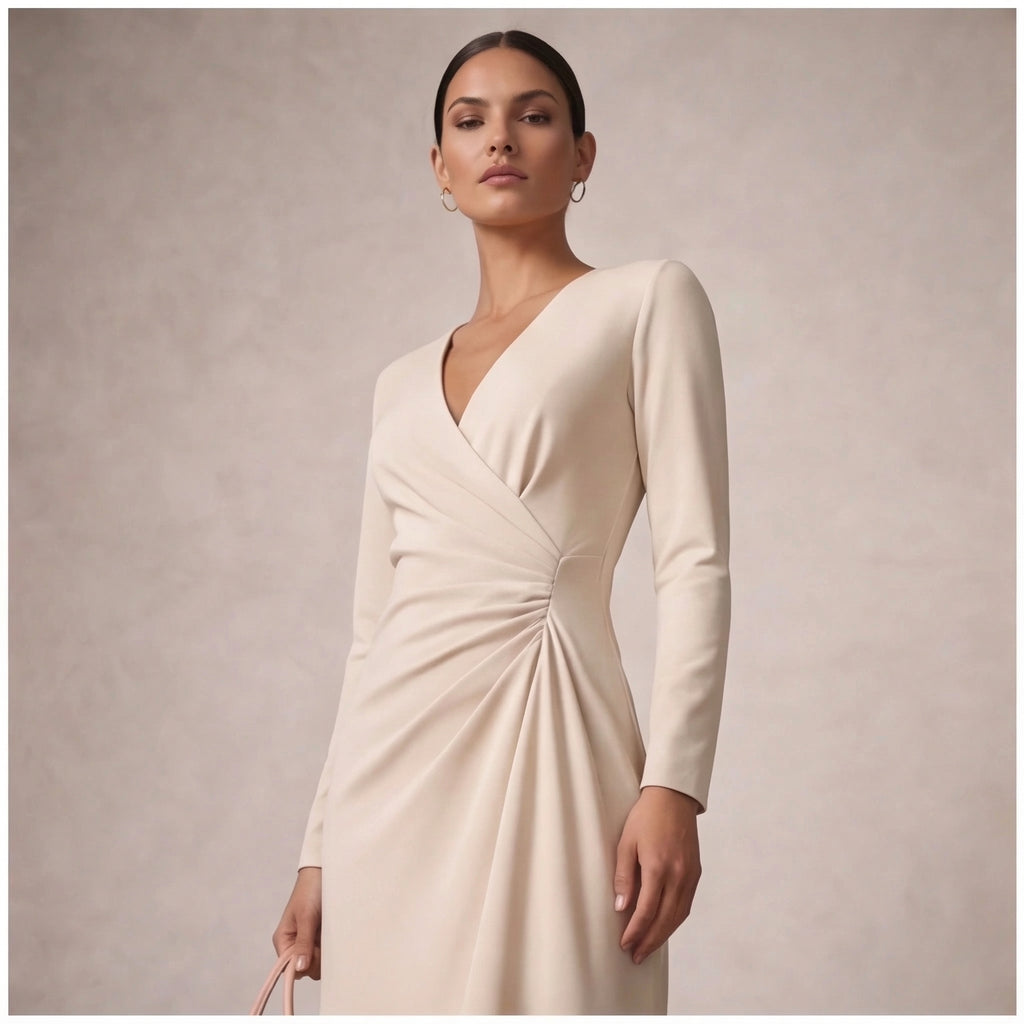 Women's Elegant Wrap Midi Dress with Long Sleeves