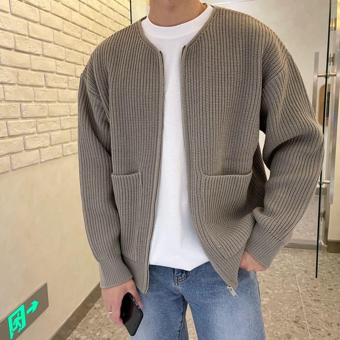 Men's Knitted Cardigan with Funnel Neck