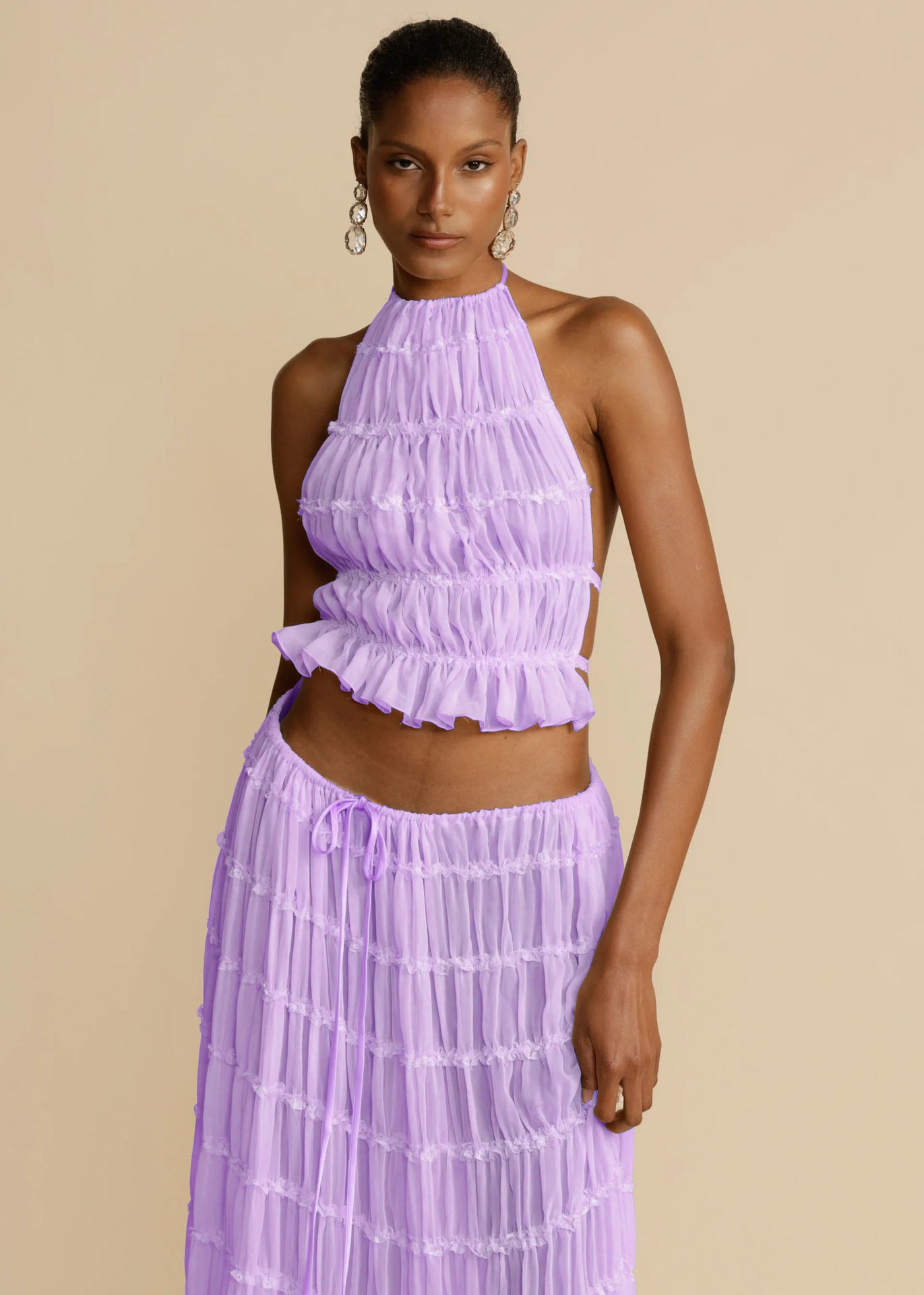 Women's Sleeveless Halter Maxi Dress with Pleated Long Skirt