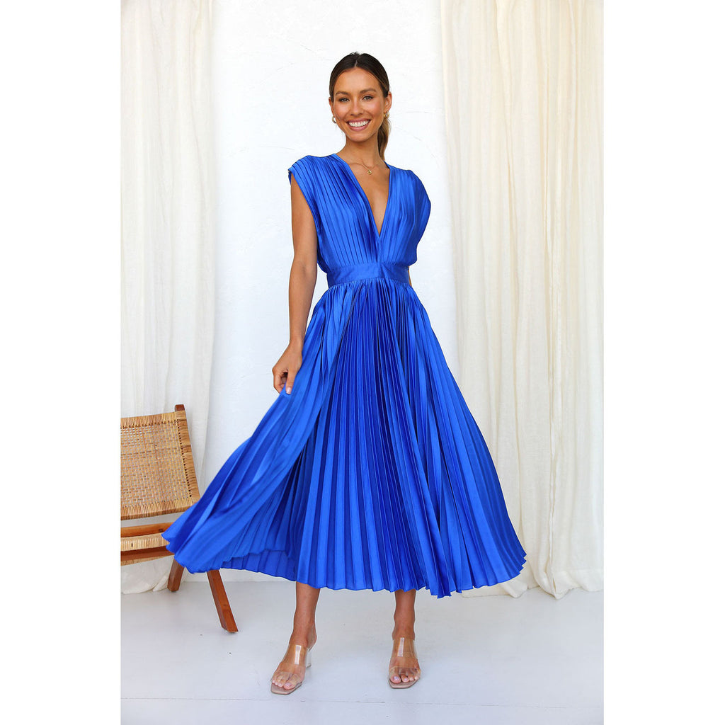 Women's V-Neck Pleated Summer Maxi Dress