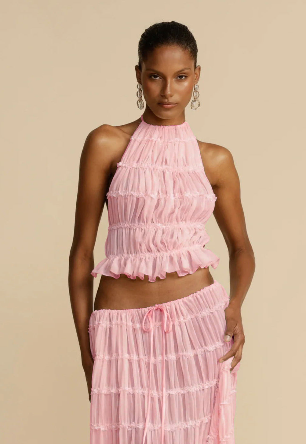 Women's Sleeveless Halter Maxi Dress with Pleated Long Skirt