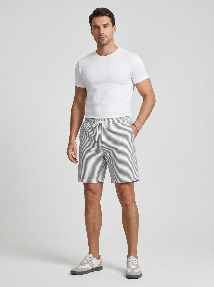 Mens Casual Striped Shorts with Drawstring Waist