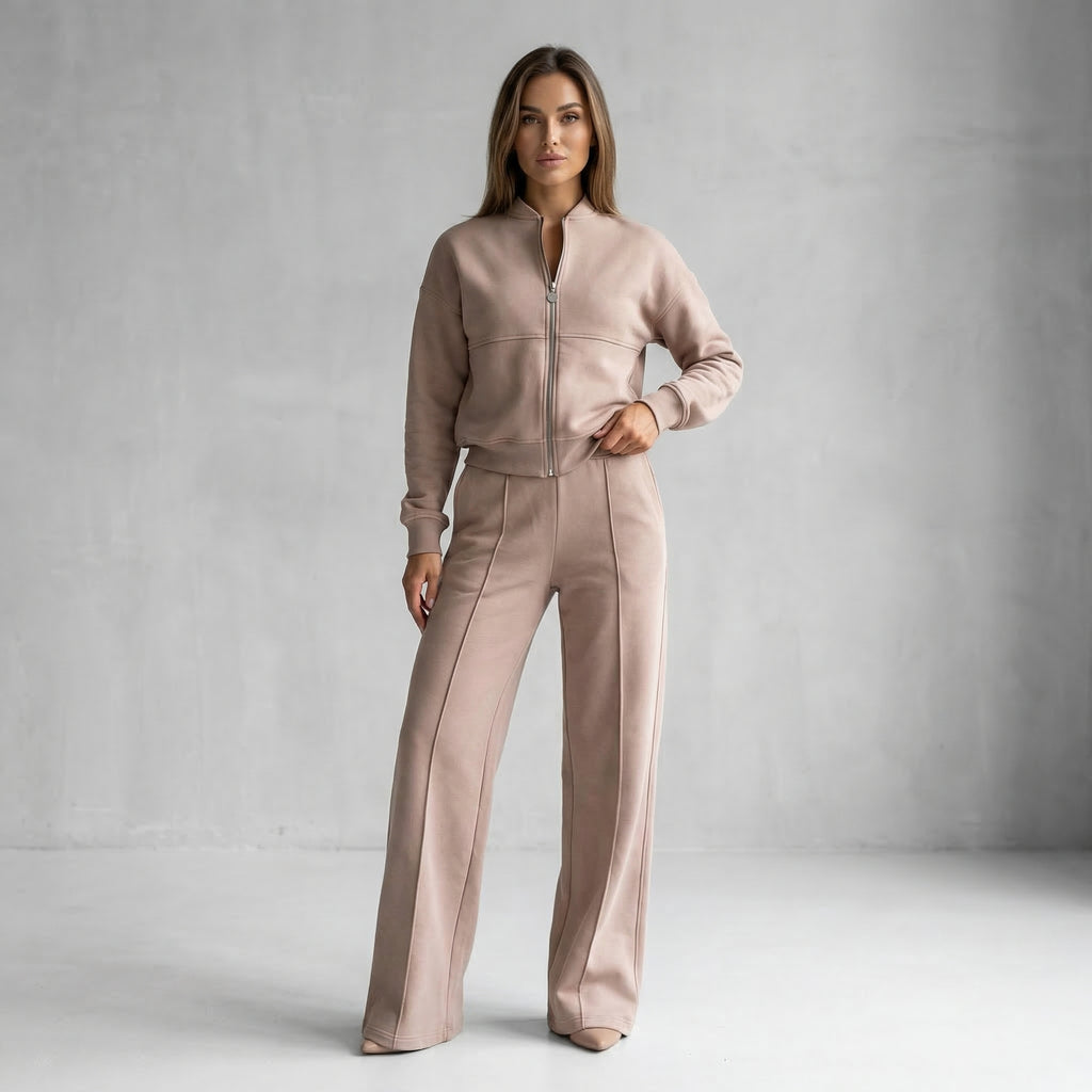Women’s Casual Two Piece Set Stylish Zip Jacket and Wide Leg Pants