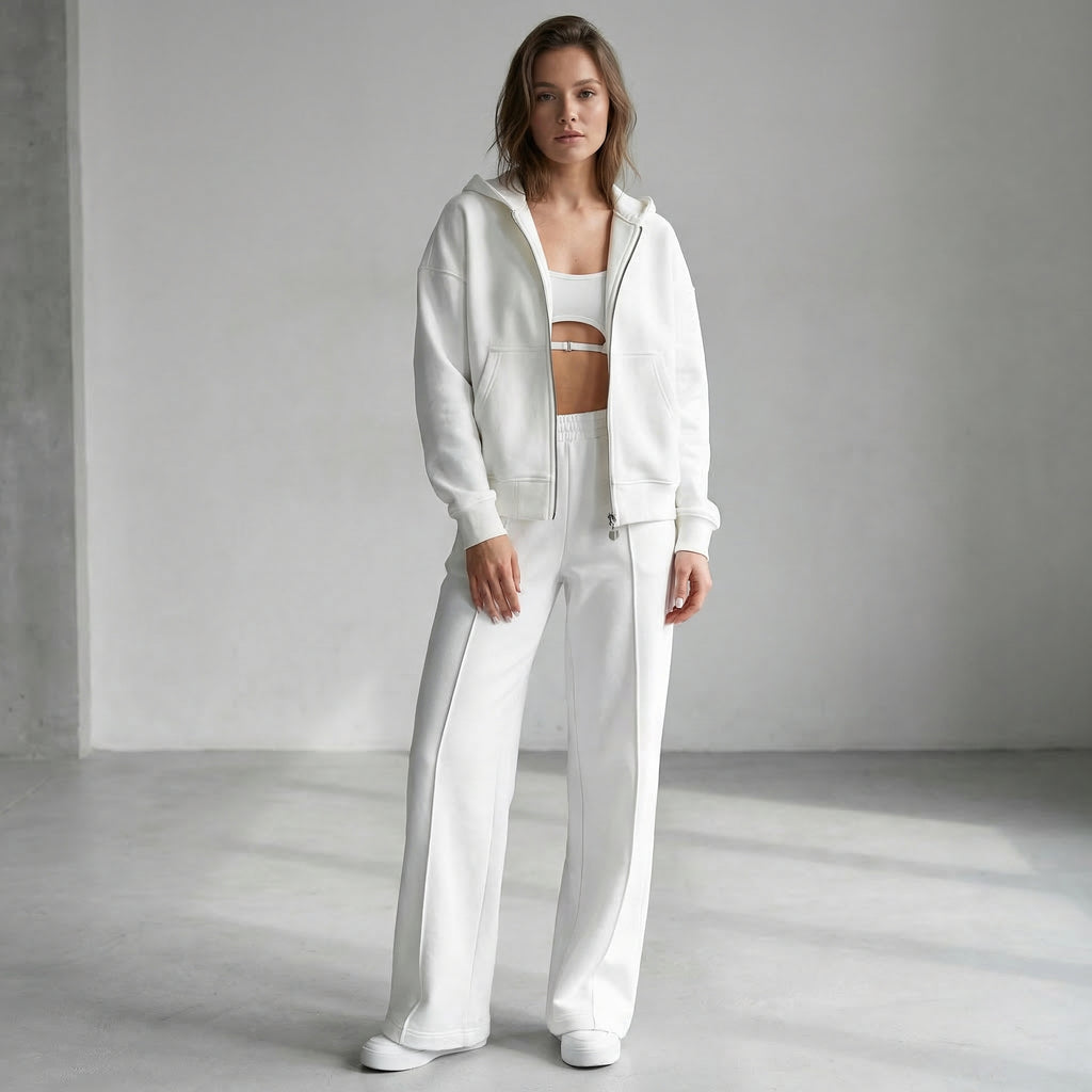 Women’s Casual Two Piece Set Stylish Zip Jacket and Wide Leg Pants