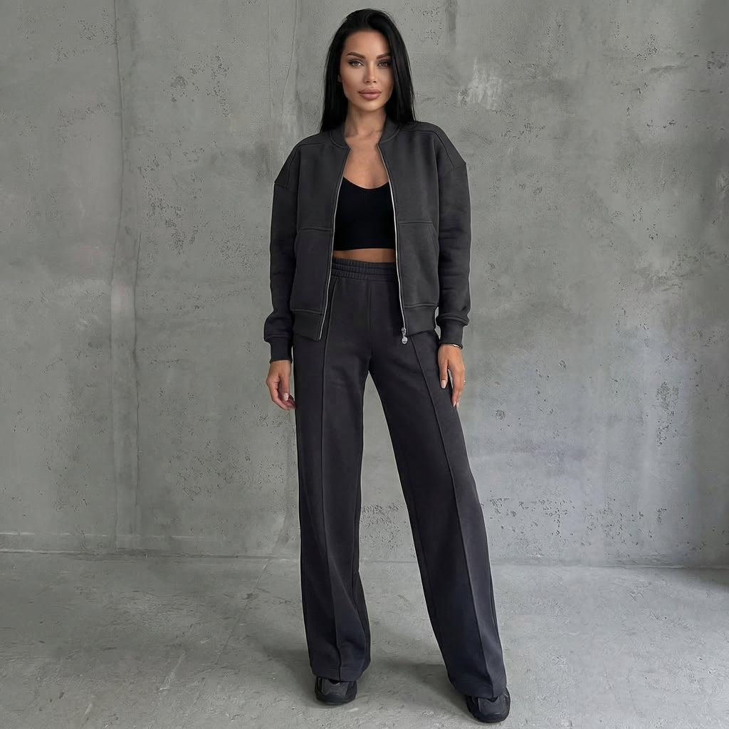 Women’s Casual Two Piece Set Stylish Zip Jacket and Wide Leg Pants