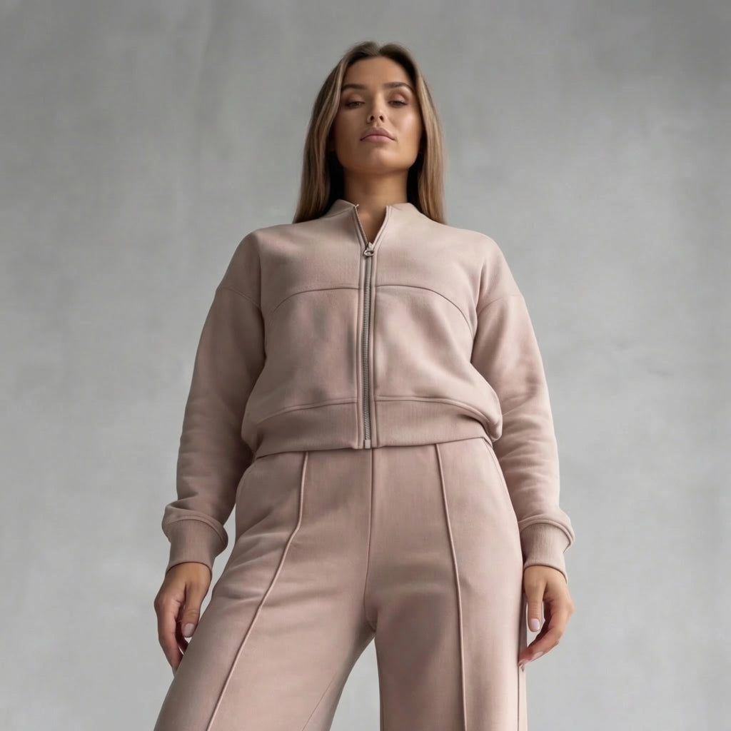 Women’s Casual Two Piece Set Stylish Zip Jacket and Wide Leg Pants