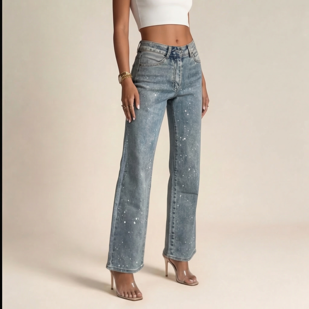 Womens High Waist Straight Leg Jeans with Sparkle Detail