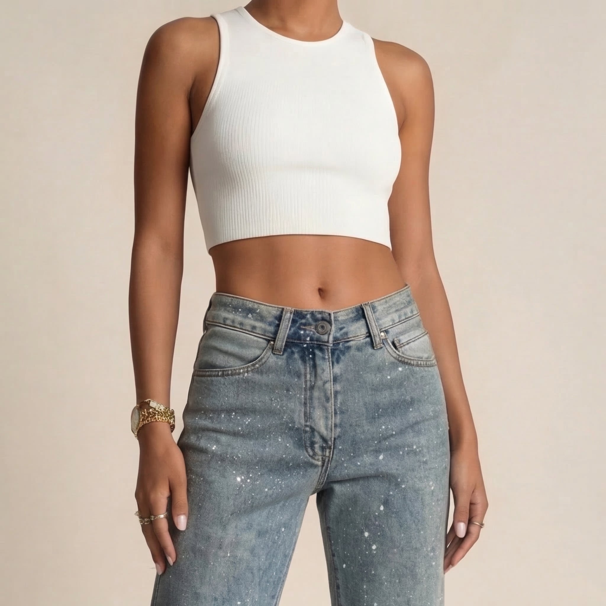 Womens High Waist Straight Leg Jeans with Sparkle Detail