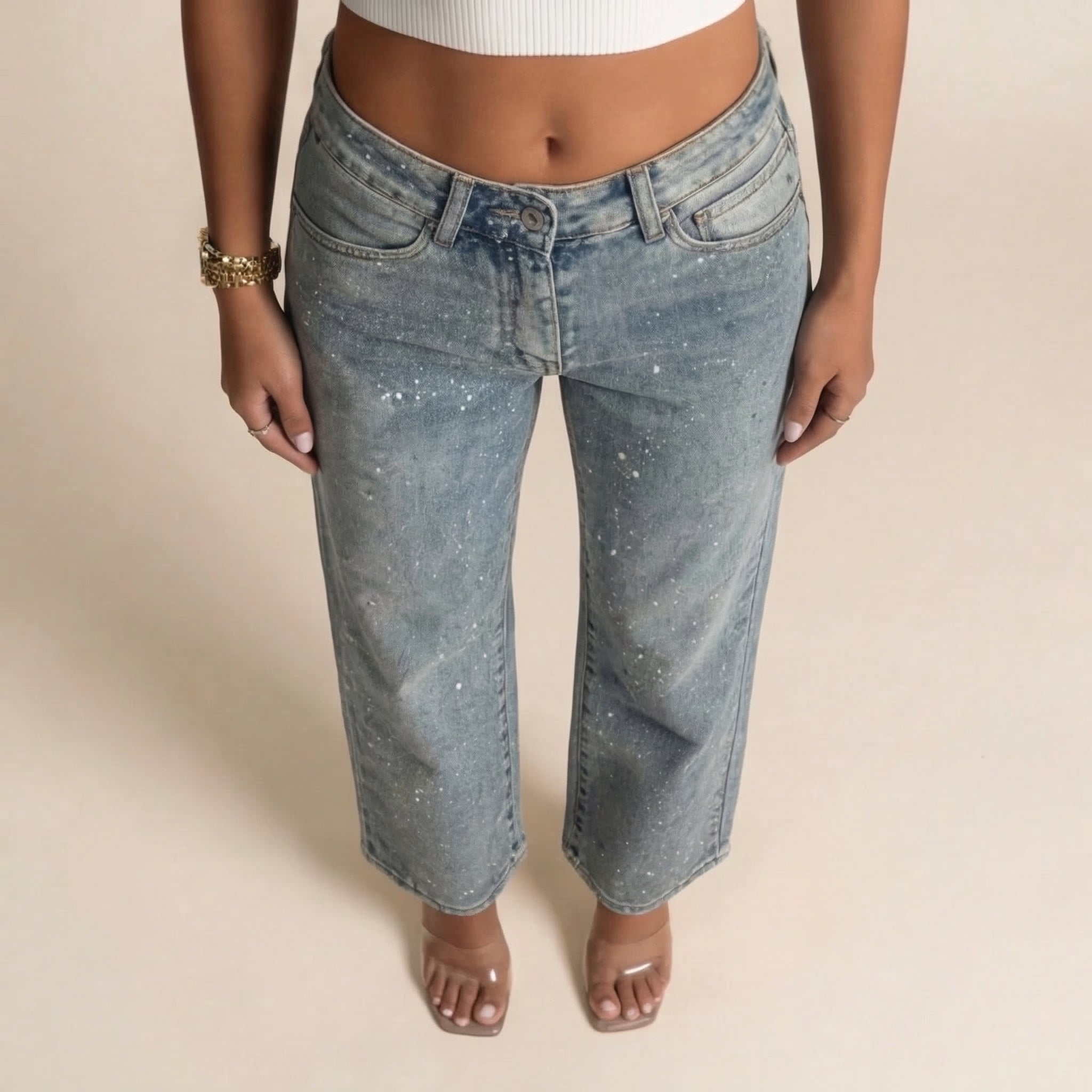 Womens High Waist Straight Leg Jeans with Sparkle Detail