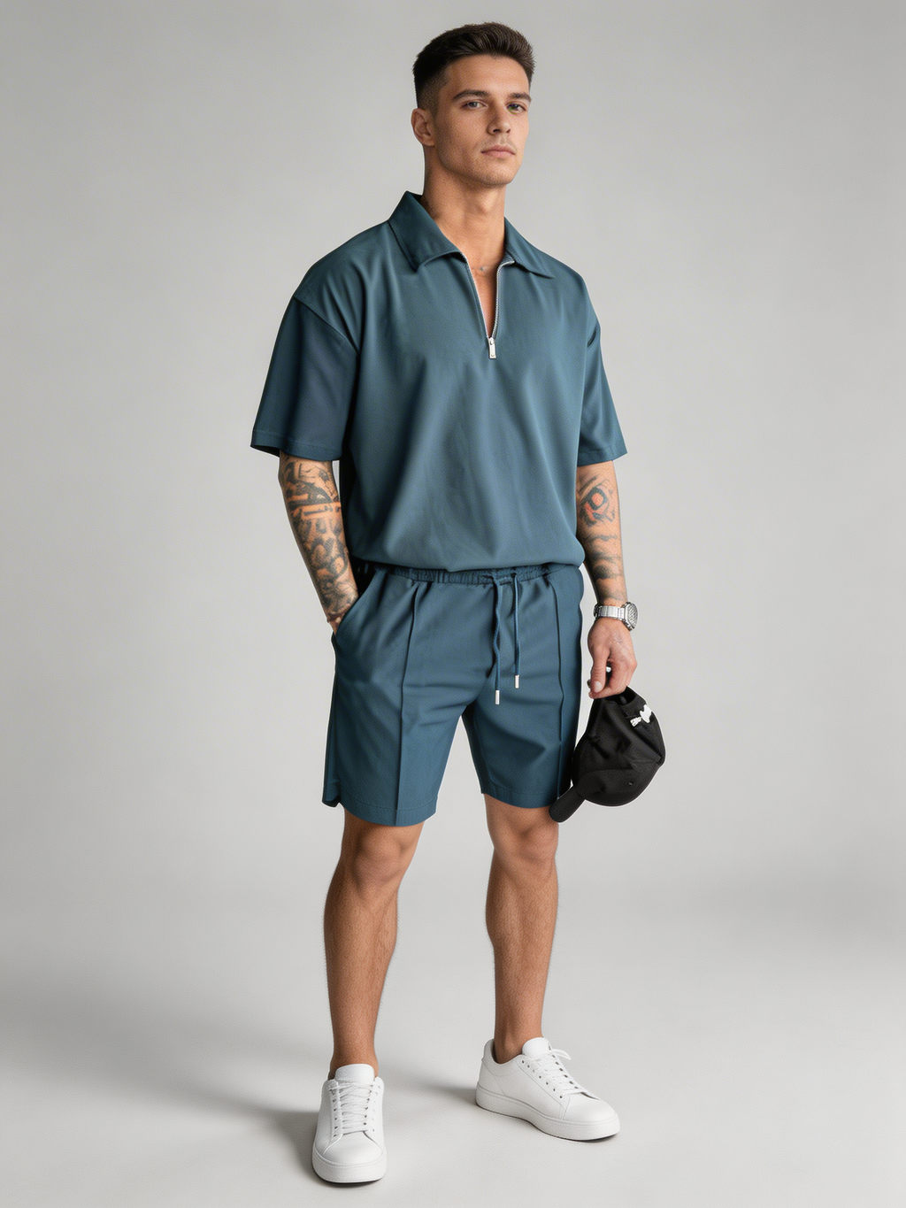Mens Casual Two Piece Summer Set with Zip Polo Shirt