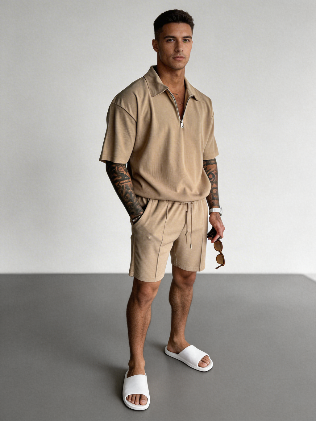 Mens Casual Two Piece Summer Set with Zip Polo Shirt