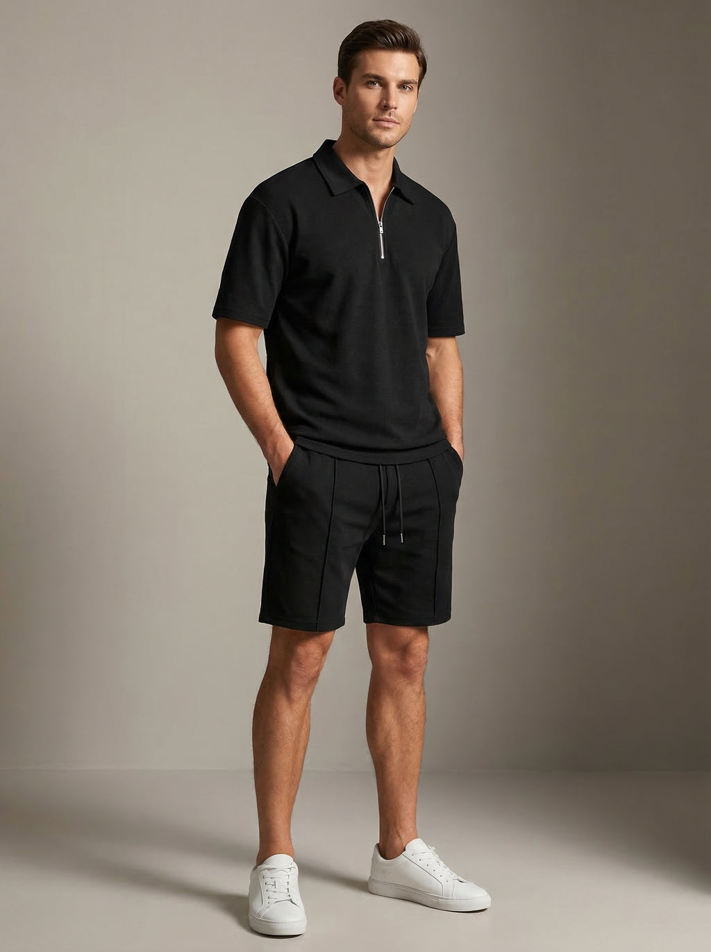 Mens Casual Two Piece Summer Set with Zip Polo Shirt