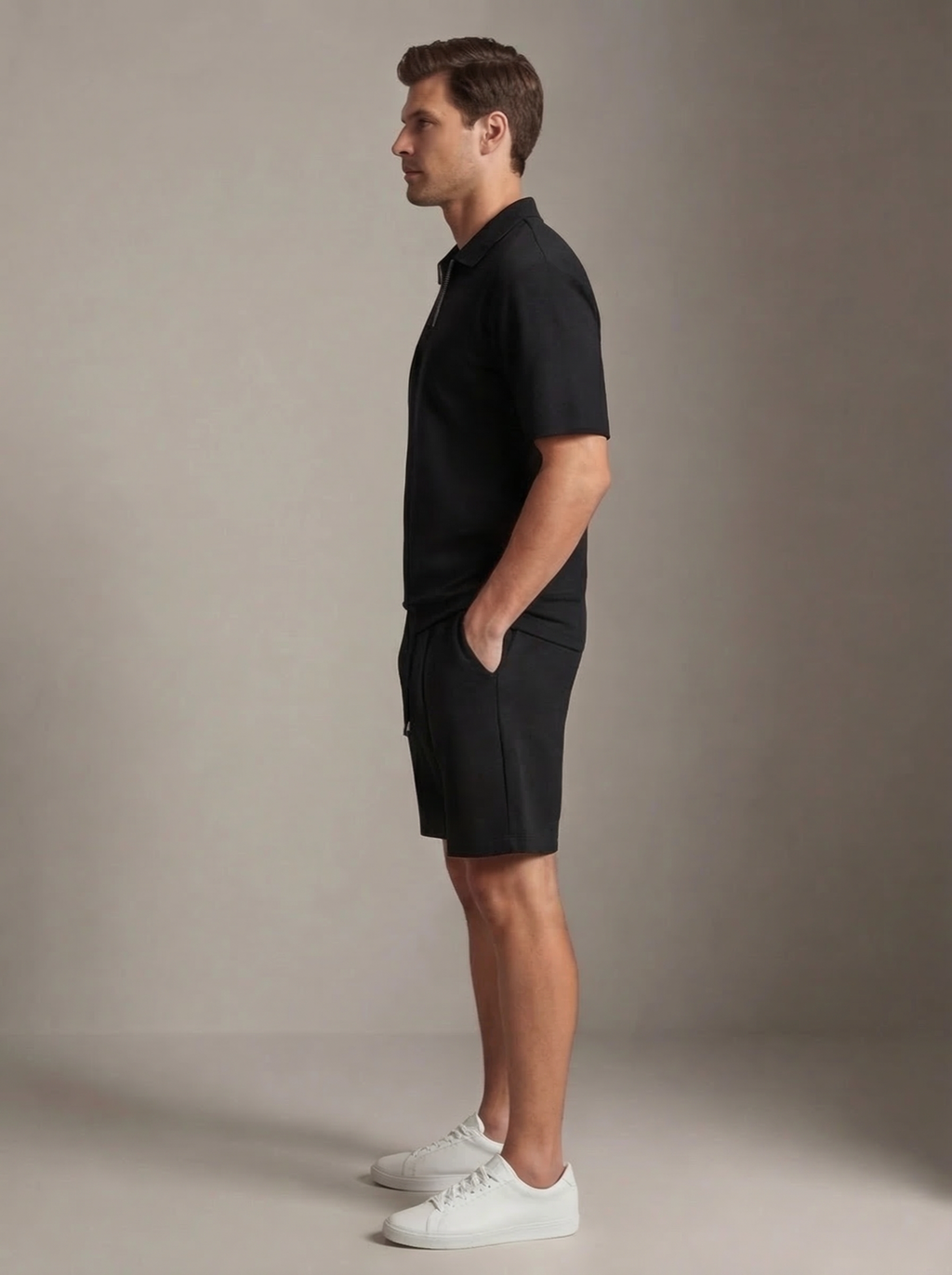 Mens Casual Two Piece Summer Set with Zip Polo Shirt
