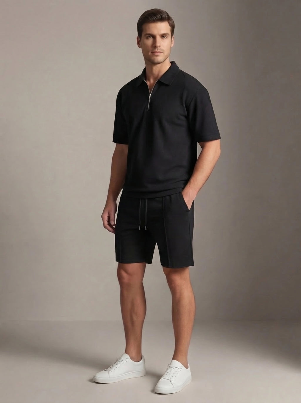 Mens Casual Two Piece Summer Set with Zip Polo Shirt