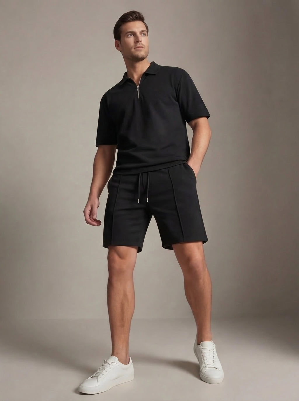 Mens Casual Two Piece Summer Set with Zip Polo Shirt