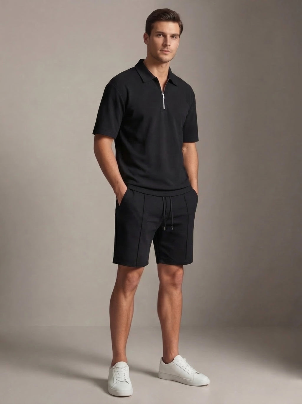 Mens Casual Two Piece Summer Set with Zip Polo Shirt