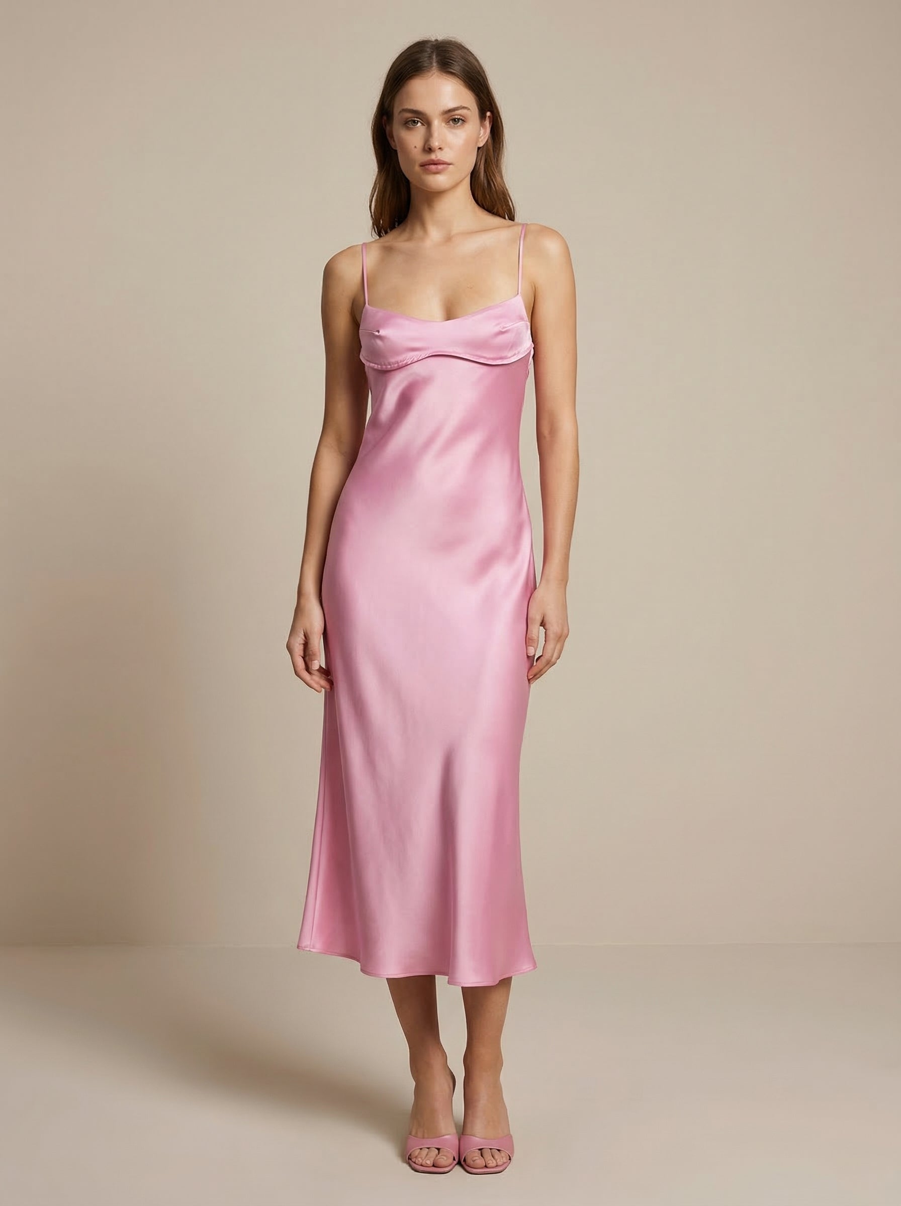 Womens Elegant Satin Midi Slip Dress with Spaghetti Straps