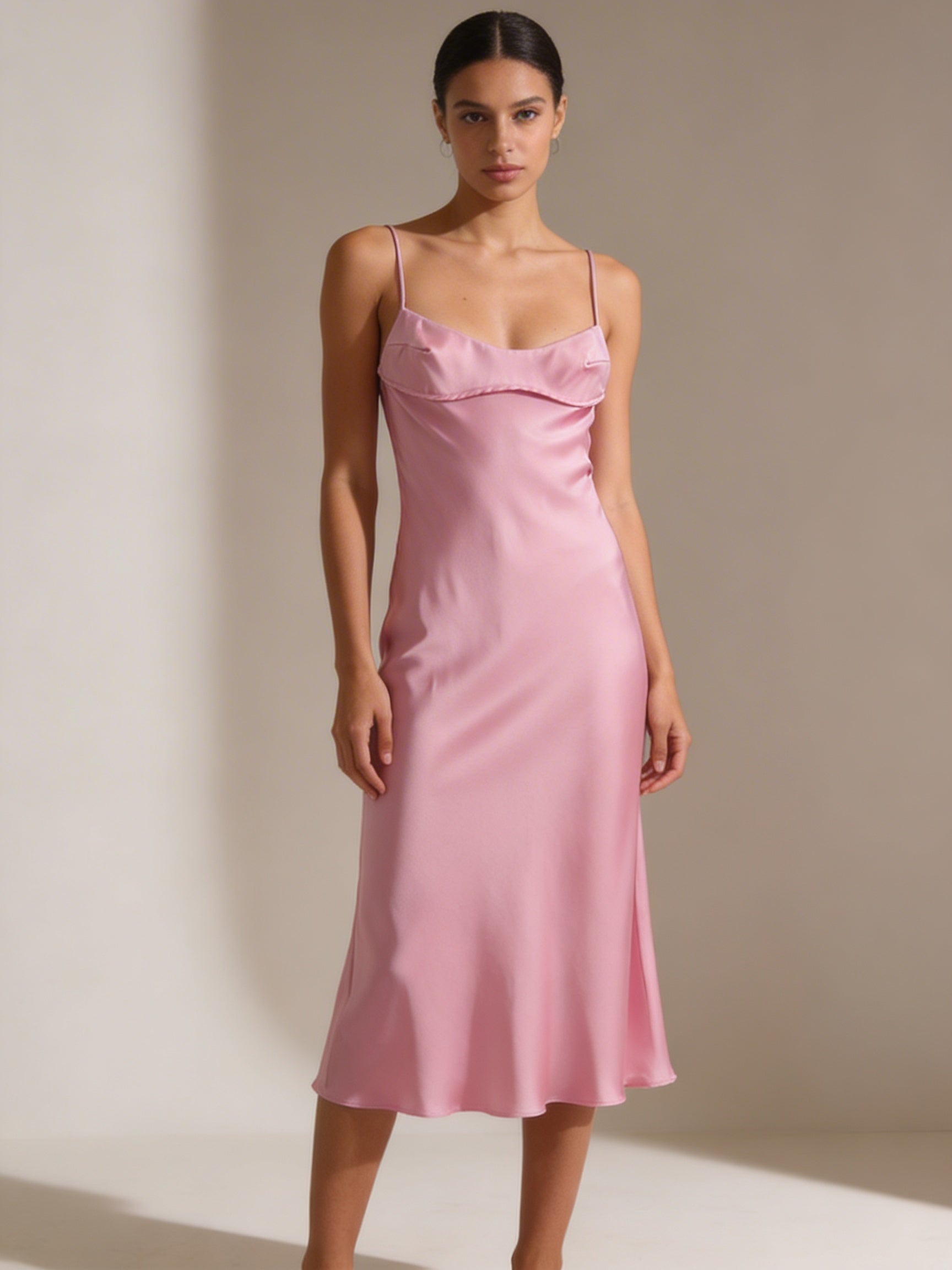 Womens Elegant Satin Midi Slip Dress with Spaghetti Straps