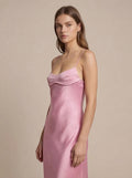 Womens Elegant Satin Midi Slip Dress with Spaghetti Straps