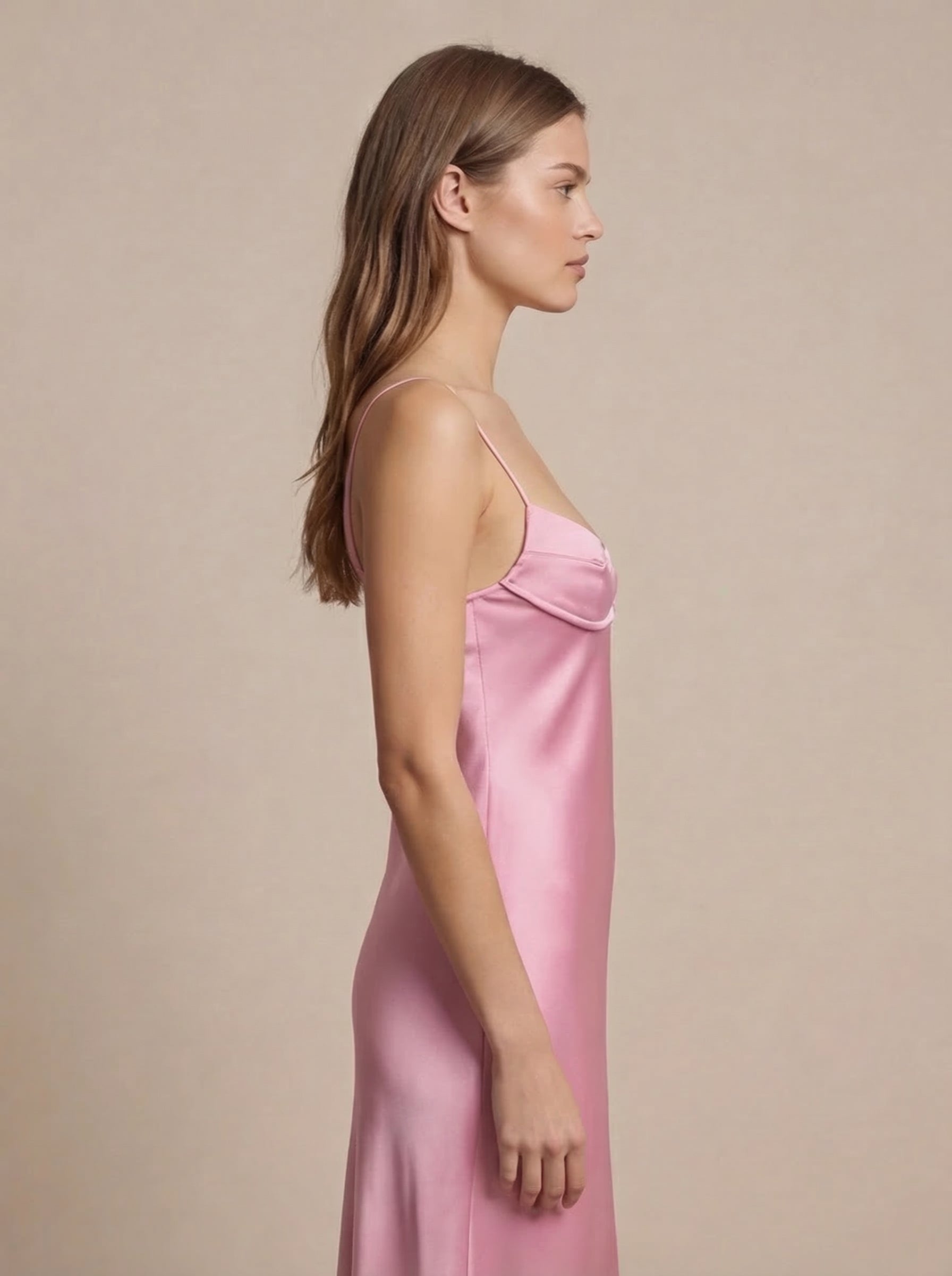 Womens Elegant Satin Midi Slip Dress with Spaghetti Straps