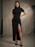 Womens Elegant Maxi Dress with High Neck and Side Slit