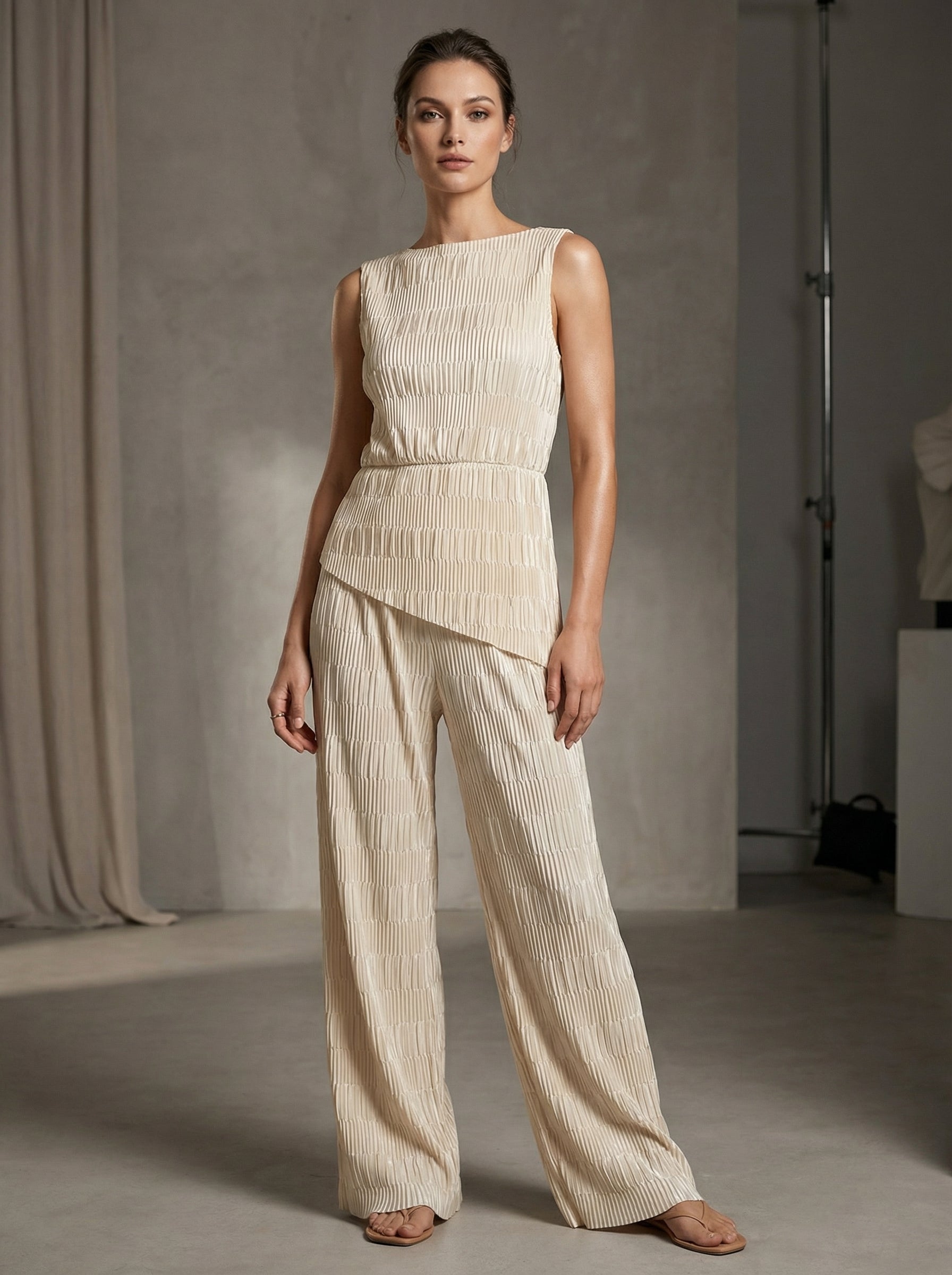 Womens Elegant Two Piece Set with Sleeveless Top and Wide Leg Pants