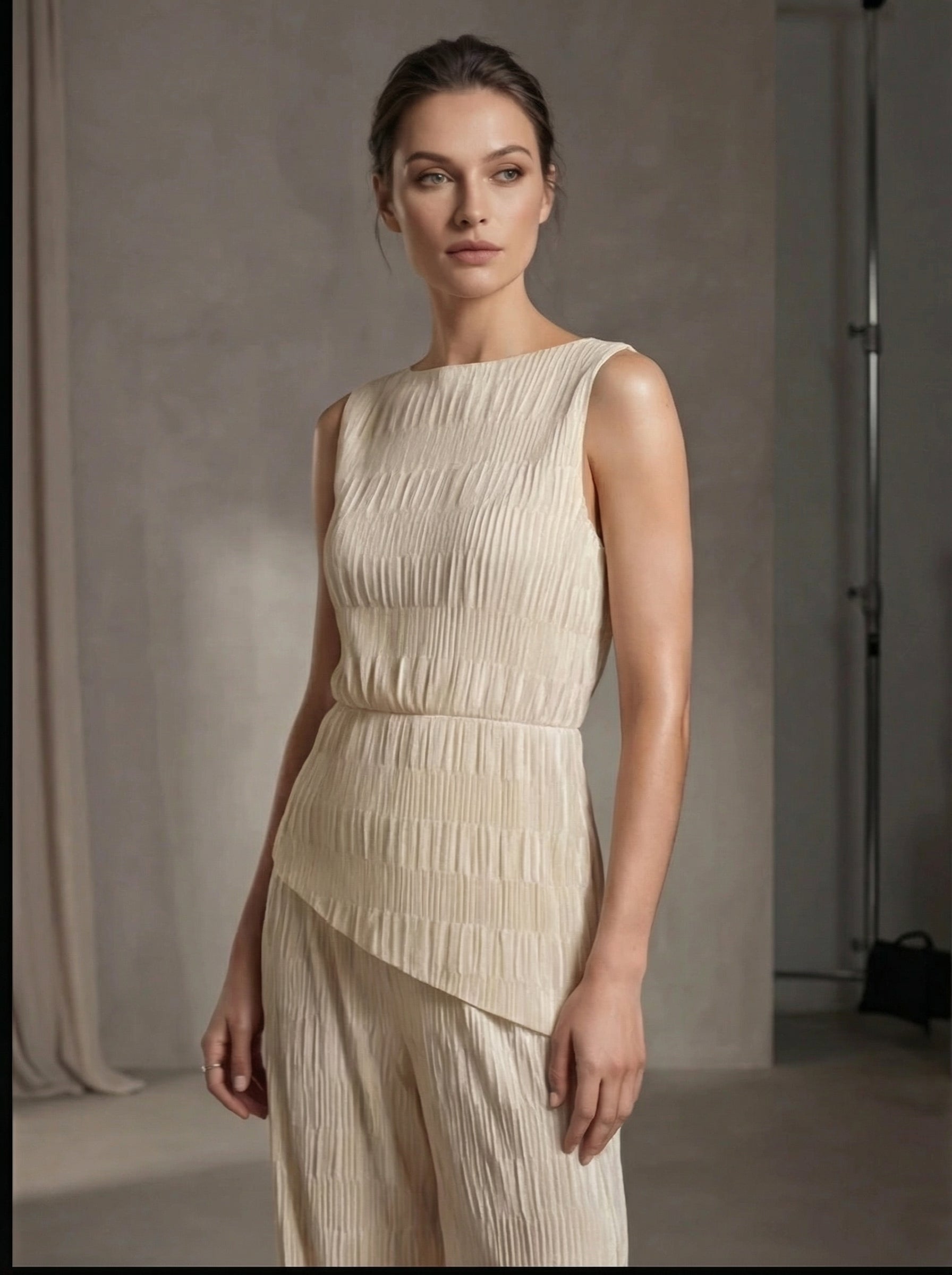 Womens Elegant Two Piece Set with Sleeveless Top and Wide Leg Pants